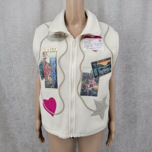 Vintage Fleece Vest Women's Winter White with Postcard Patches Polartec